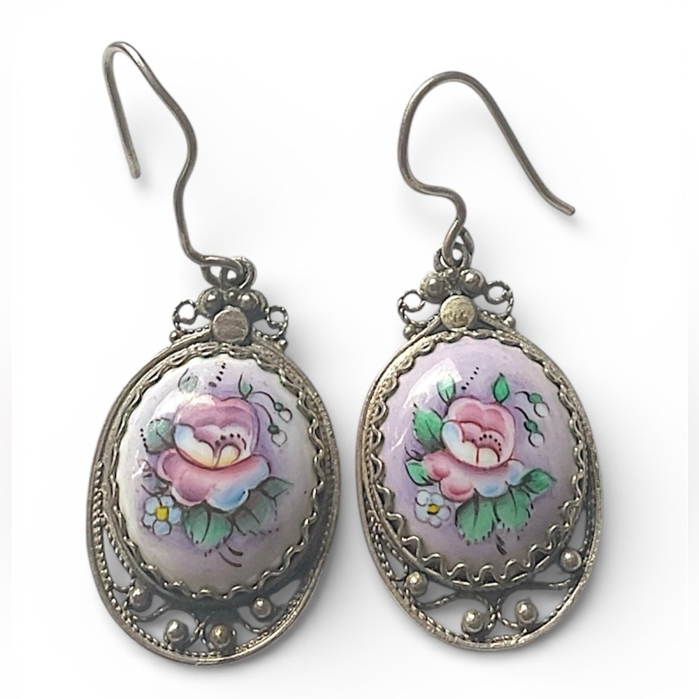 Vintage Russian Hand Painted Enamel Filigree Earrings Flowers